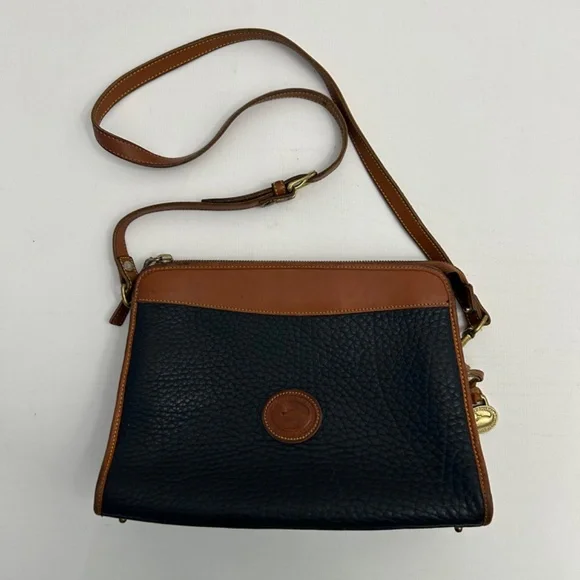 Vintage Dooney & Bourke All Weather Leather Crossbody/Satchel in Dk Blue/Tan - Picture 2 of 16